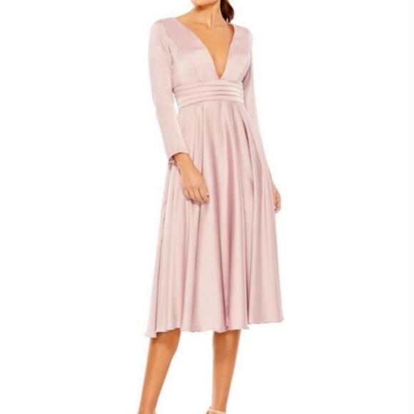 MAC DUGGAL 67527 Pink Satin Long Sleeve V-Neck Midi Cocktail Formal Dress 8 NWT - Picture 8 of 9